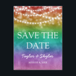 Rainbow Ombre Gay Wedding Save the Date Postcard<br><div class="desc">Save the date postcards for a gay wedding with a rainbow ombre background and pretty fairy lights. Add your names in a charming script.</div>