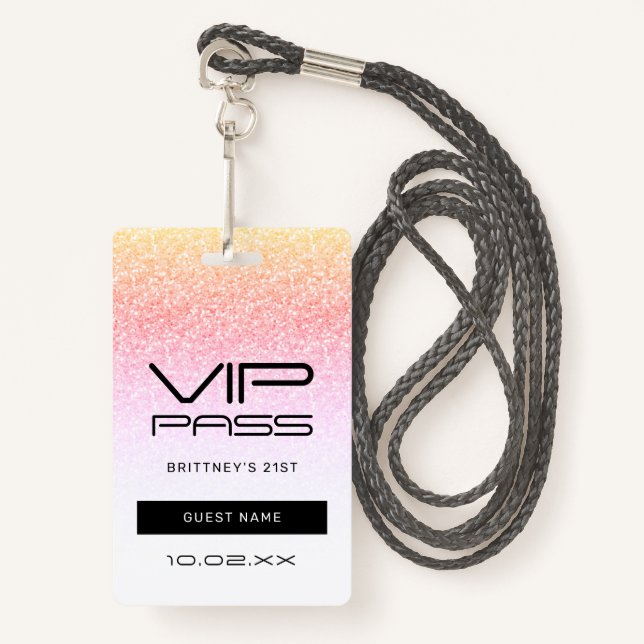  Rainbow Ombre Glitter VIP Pass Party Invitation ID Badge (Front with Lanyard)