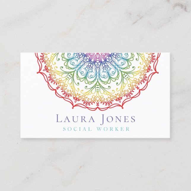 Rainbow Ombre Gradation Mandala Health Wellness Business Card (Front)