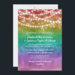 Rainbow Ombre String Lights Details Gay Wedding Invitation<br><div class="desc">Colourful gay wedding invitation featuring glowing string lights against a dark watercolor rainbow ombre. Write details or information on the back!</div>