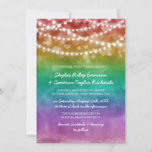 Rainbow Ombre String Lights Details Gay Wedding Invitation