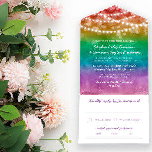 Rainbow Ombre String Lights Gay Wedding All In One Invitation