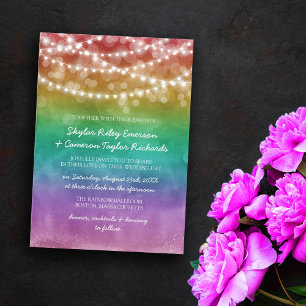 Rainbow Ombre String Lights Gay Wedding Invitation