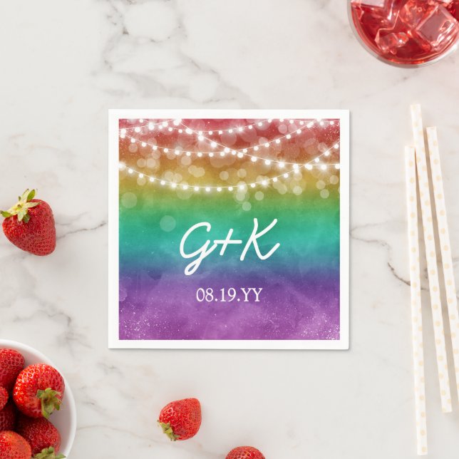 Rainbow Ombre String Lights Monogram Gay Wedding Napkin (Insitu)