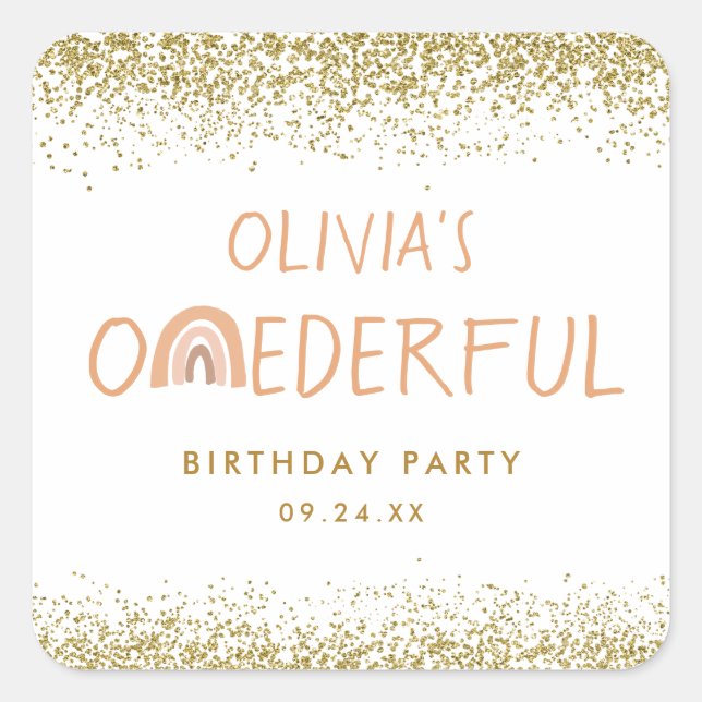Rainbow Onederful Girl 1st Birthday Party Square Sticker (Front)