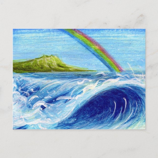 Rainbow over Daimond Head and Wave Postcard (Front)