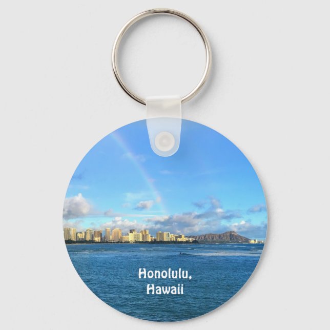Rainbow over Honolulu, Hawaii Key Ring (Front)