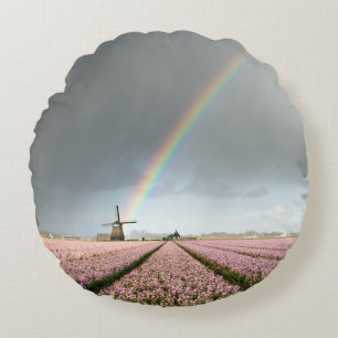 Rainbow over hyacinths and a windmill in Holland Round Cushion