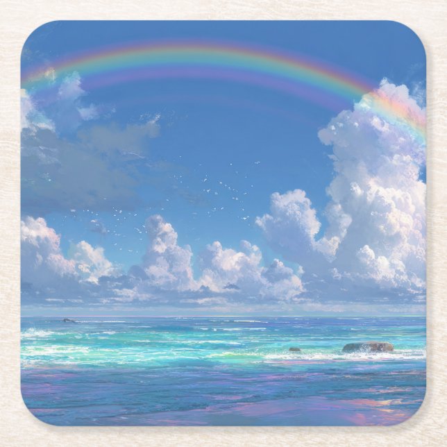 Rainbow over the ocean square paper coaster (Front)