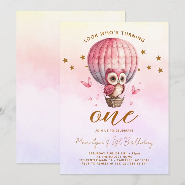 Rainbow Owl 1st Birthday Invitation (Front/Back)