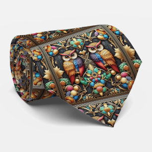 Rainbow Owl Art Deco Necktie – Black, White & Gold
