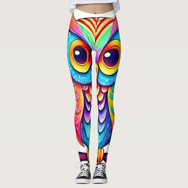 Rainbow Owl Perch Art Leggings (Front)
