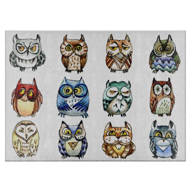 Rainbow owls and cat watercolor cutting board (Front)
