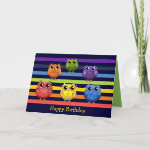Rainbow Owls Birthday custom Text card