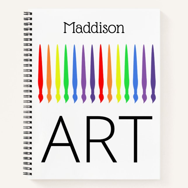 Rainbow paint brushes, art sketchbook, your name notebook (Front)