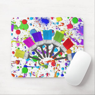 Rainbow Paint Brushes On Splatters Mouse Mat