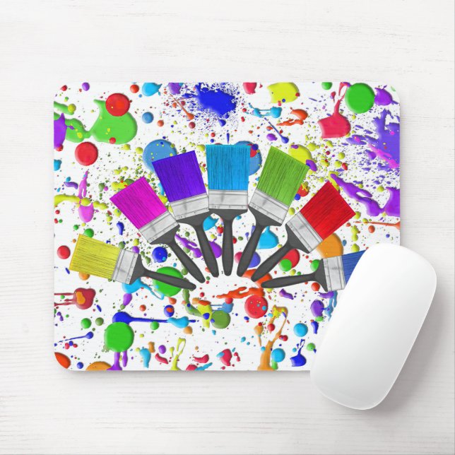 Rainbow Paint Brushes On Splatters Mouse Mat (With Mouse)