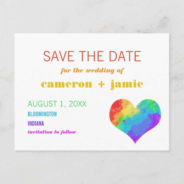 Rainbow Paint Heart Gay Lesbian Save the Date Announcement Postcard (Front)