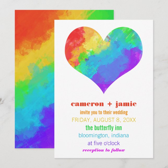 Rainbow Paint Heart Gay Lesbian Wedding Invitation (Front/Back)