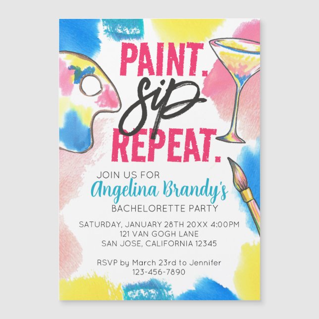 Rainbow Paint Sip Repeat Bachelorette Party Magnetic Invitation (Front)