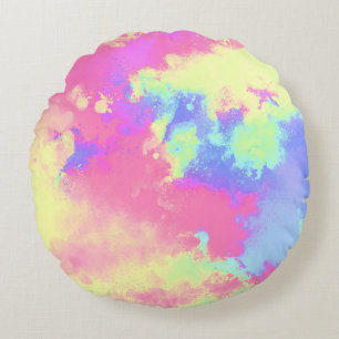 Rainbow Paint Splatter effect Yellow Pink Blue  Round Cushion