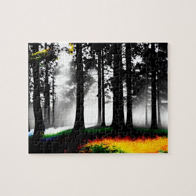 Rainbow Paint Splatter on Silhouette Forest Jigsaw Puzzle (Horizontal)