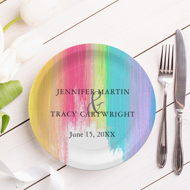 Rainbow Paint Strokes Gay Lesbian Artistic Wedding Paper Plate (Creator Uploaded)
