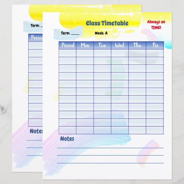 Rainbow Paint Student Class Timetable (Front/Back)