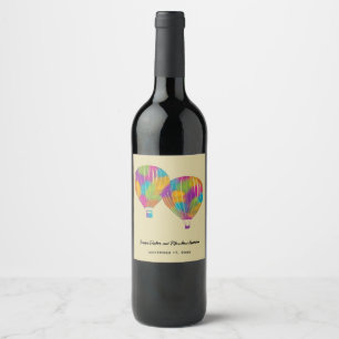 Rainbow Painted Hot Air Balloons Custom Wedding Wine Label
