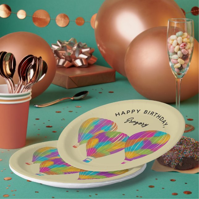 Rainbow Painted Hot Air Balloons Personalised Paper Plate (Multi)