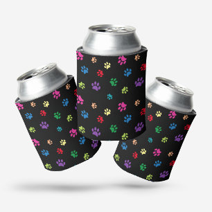 Rainbow Painted Paw Prints on Black Can Cooler