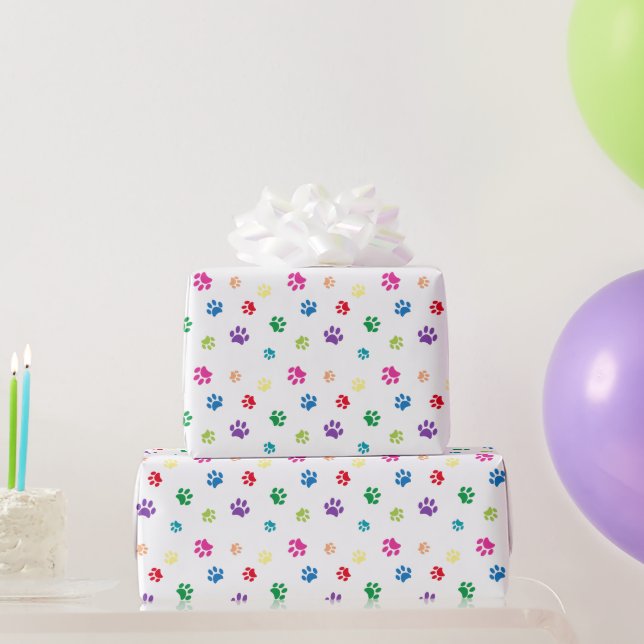 Rainbow Painted Paw Prints Wrapping Paper (Party Gifts)