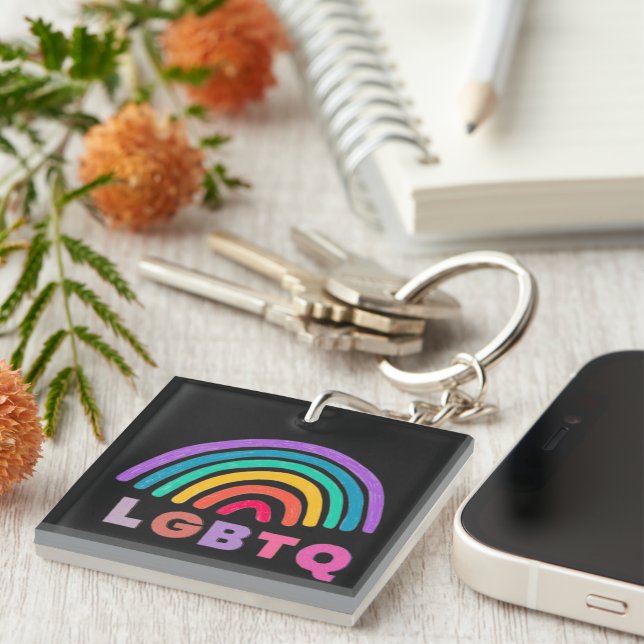 Rainbow painted with LGBTQ lettering Key Ring (Front Right)