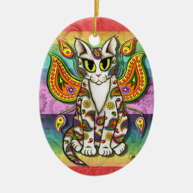 Rainbow Paisley Fairy Cat Fantasy Art Ornament (Front)