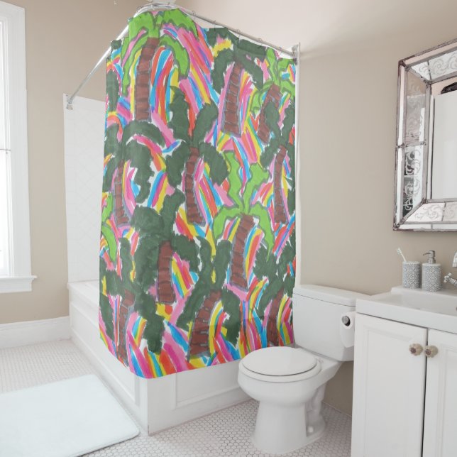 Rainbow Palm Tree Print Shower Curtain (In Situ)