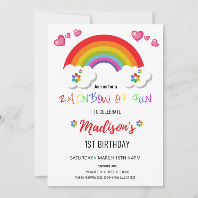 Rainbow Party Invitations for Girl  (Front)