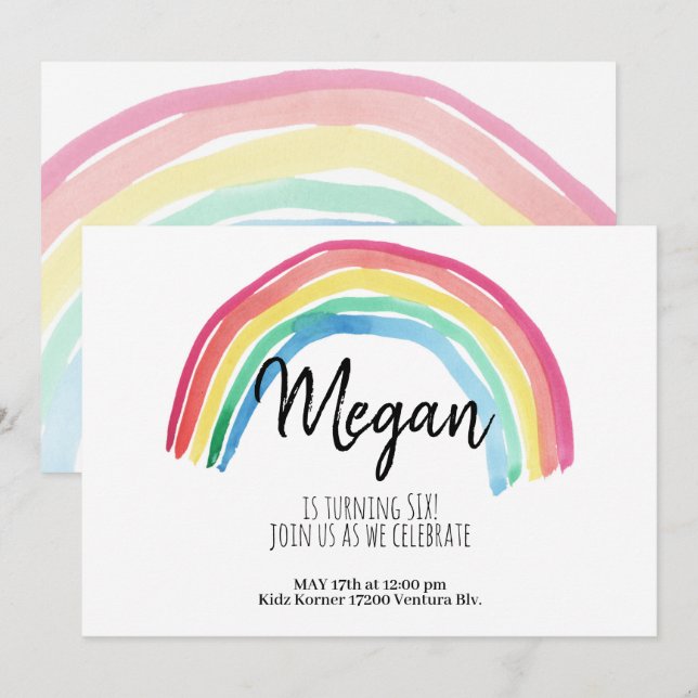 RAINBOW PARTY,WATERCOLOR RAINBOW BIRTHDAY, SIMPLE INVITATION (Front/Back)