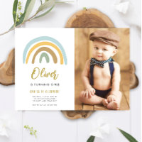 Rainbow Pastel Boho Muted Blue Boy First Birthday