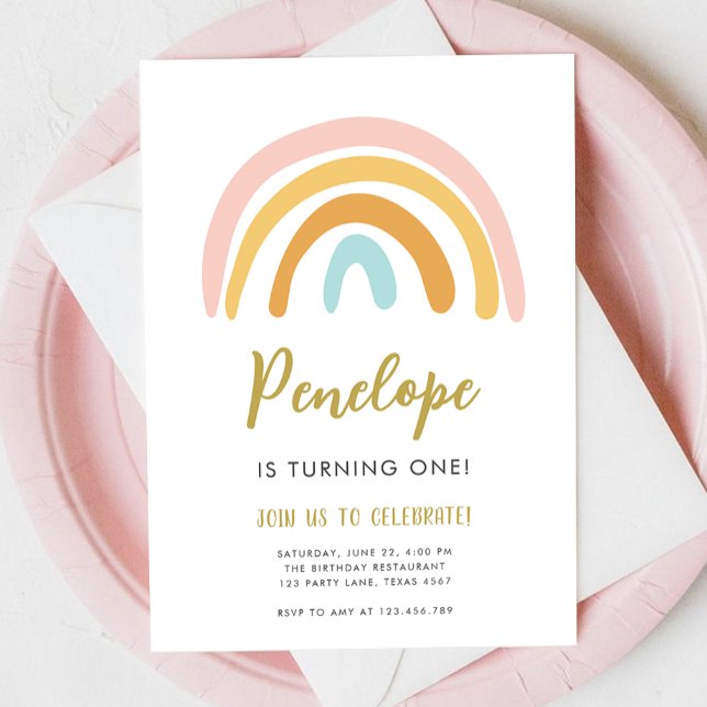 Rainbow Pastel Boho Muted Pink Girl First Birthday Invitation (Creator Uploaded)