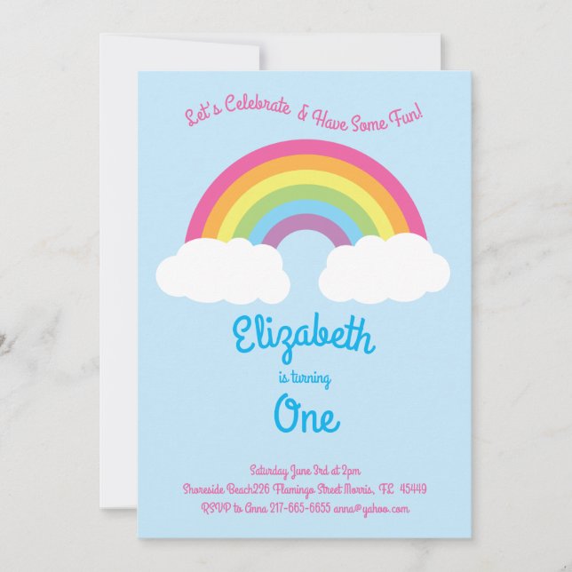 Rainbow Pastel Cute Kids 1st Birthday Party Pink Invitation (Front)