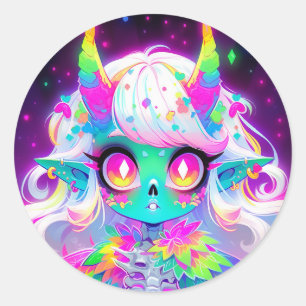 Rainbow Pastel Fantasy Skull Demon Anime Girl Classic Round Sticker