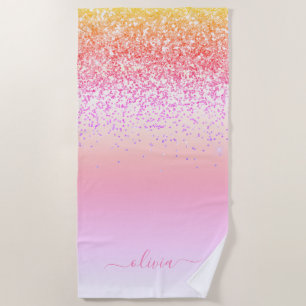 Rainbow Pastel Girly Glitter Metal Monogram Name Beach Towel