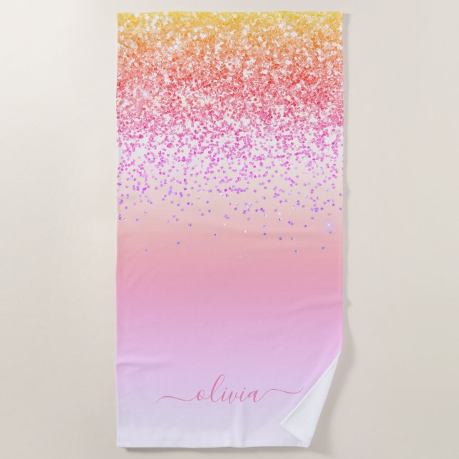 Rainbow Pastel Girly Glitter Metal Monogram Name Beach Towel (Front)