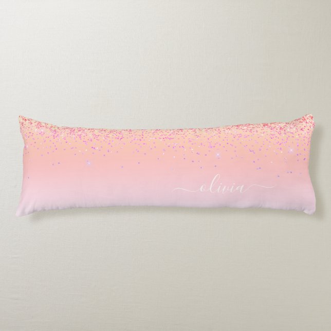 Rainbow Pastel Girly Glitter Metal Monogram Name Body Cushion (Front)