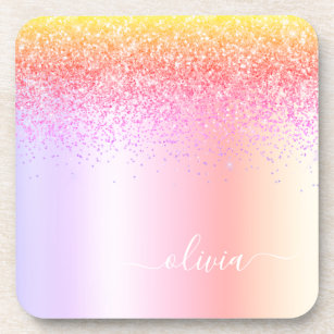 Rainbow Pastel Girly Glitter Metal Monogram Name Coaster