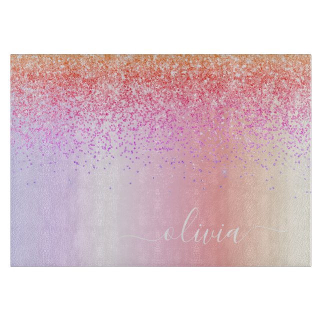 Rainbow Pastel Girly Glitter Metal Monogram Name Cutting Board (Front)