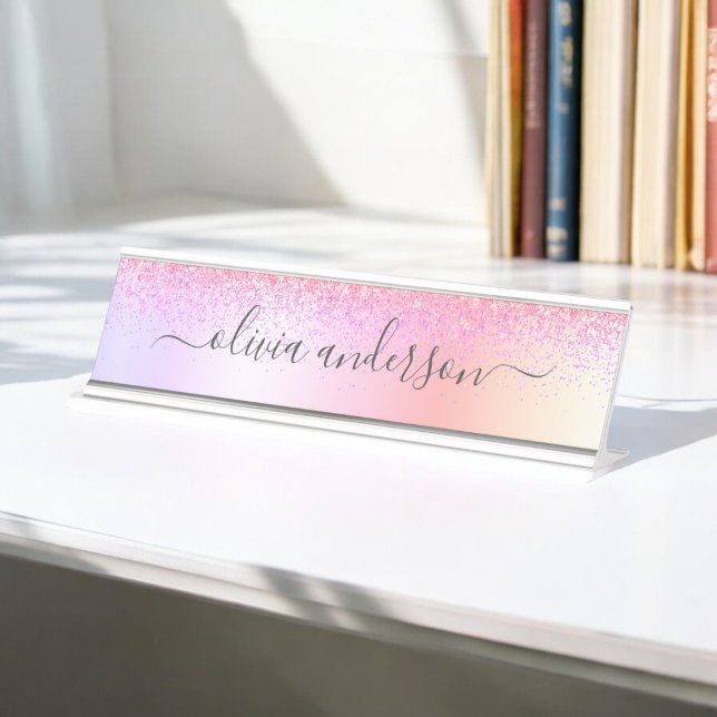 Rainbow Pastel Girly Glitter Metal Monogram Name Desk Name Plate (Creator Uploaded)