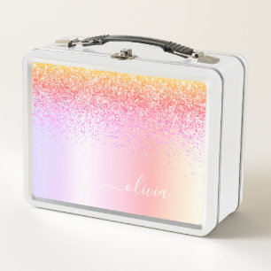 Rainbow Pastel Girly Glitter Metal Monogram Name Metal Lunch Box