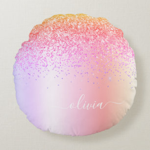 Rainbow Pastel Girly Glitter Metal Monogram Name Round Cushion