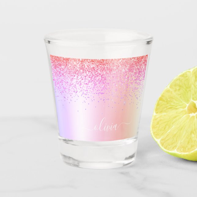 Rainbow Pastel Girly Glitter Metal Monogram Name Shot Glass (Front)